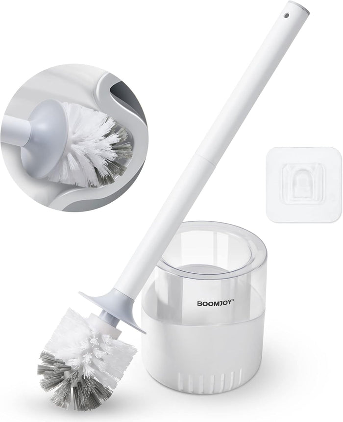 BOOMJOY Toilet Brush and Holder Set, Toilet Bowl Cleaner Brush, Toilet Scrubber Brush with Tweezers for Bathroom Cleaning, RV Accessories and House Organization Must-Haves - White