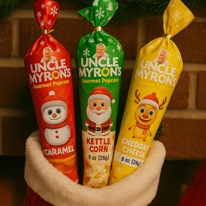 Uncle Myron’s Holiday Popcorn Cones Variety Pack (12 Pack) – Caramel, Cheddar Cheese & Kettle Corn – Christmas Gift Set, Individually Wrapped Festive Cones, Gourmet Popcorn Snacks for Kids, Parties & Stocking Stuffers