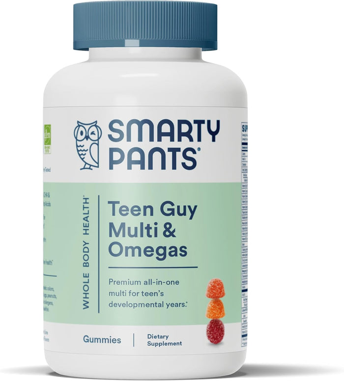 SmartyPants Teen Guy Multivitamin Gummies - Improved Formula: Omega 3 (DHA/EPA), Vitamin D3, C, Vitamin B12, B6, A, K & Zinc, Folate, Gluten Free, Fruit Flavor, 60 Count (30 Day Supply)