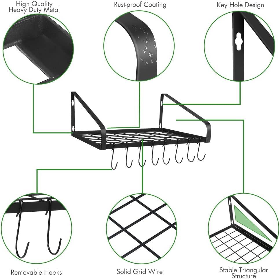 Hanging Pots & Pans Rack,Wall Mounted Pots Pans Organizer Holder Rack with 8 Hooks, Kitchen Wall Storage Organizer Hanger Shelves for Pans Set, Utensils, Cookware, Books, Household,Black