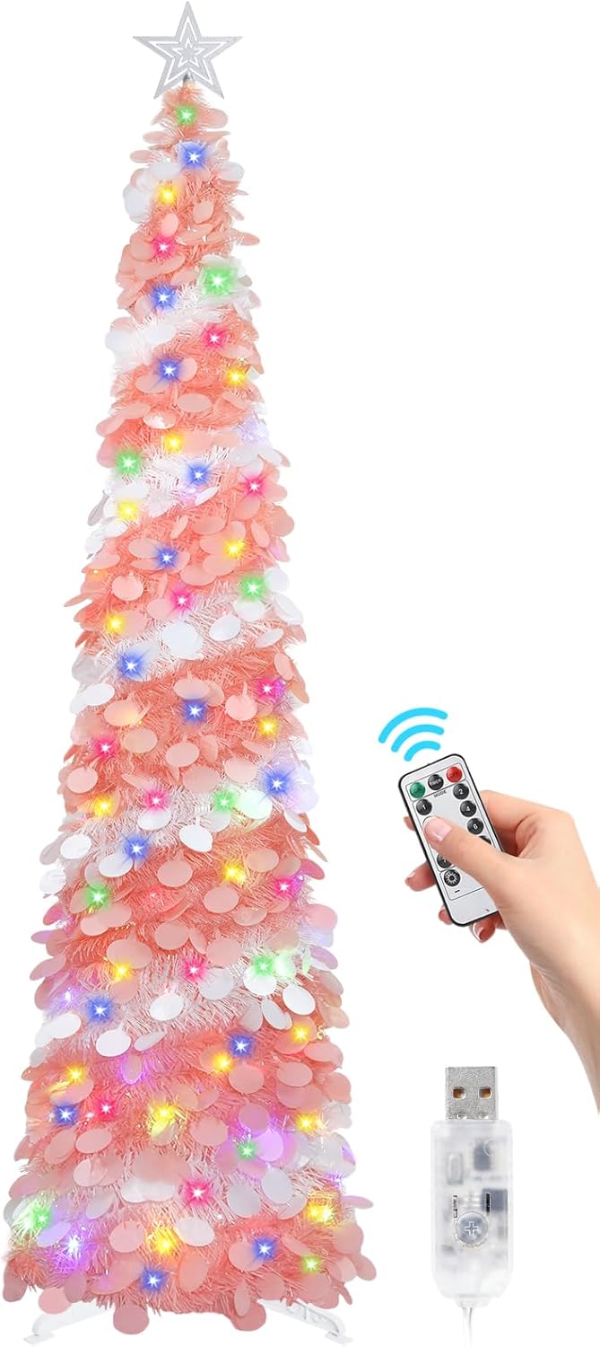 6 FT Pop Up Christmas Tree with 100 LED Timer Lights & Remote, White Collapsible Christmas Tinsel Tree Artificial Pencil Tree Xmas Decoration for Holiday Home Office Party, USB Powered