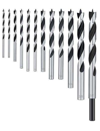 Brad Point Drill Bit Set 12Pcs (1/8" - 1/2"), Wood Drill Bit Set with Double Flutes Design for Hardwood, Plywood, Plastic Round Holes in All Types of Wood