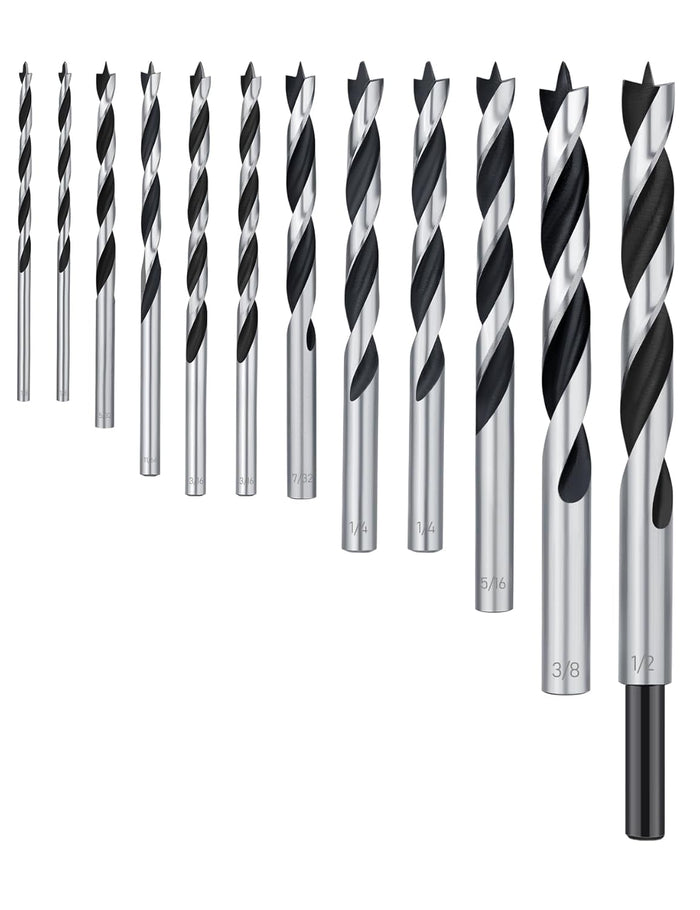 Brad Point Drill Bit Set 12Pcs (1/8" - 1/2"), Wood Drill Bit Set with Double Flutes Design for Hardwood, Plywood, Plastic Round Holes in All Types of Wood