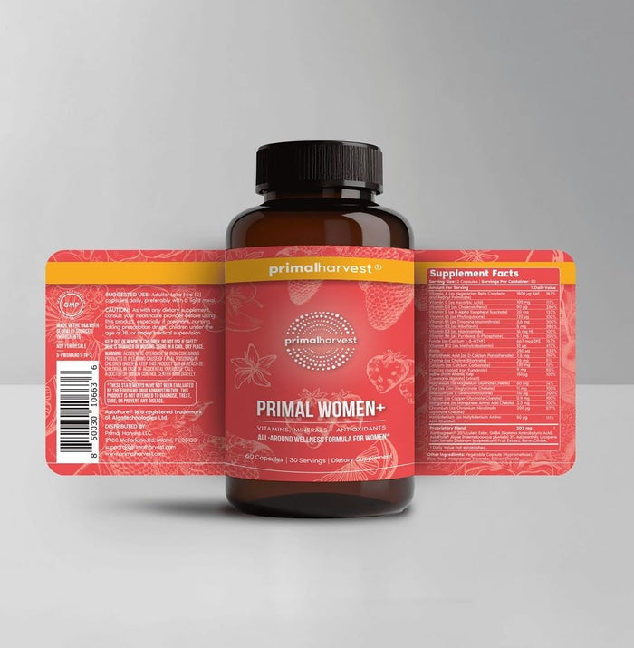 Primal Harvest Women+, Woman's Multivitamin Vitamin A, Vitamin C, Vitamin D and E, Vitamin B12, B6, Biotin, Zinc Supplements,1 Pack 60 Capsules