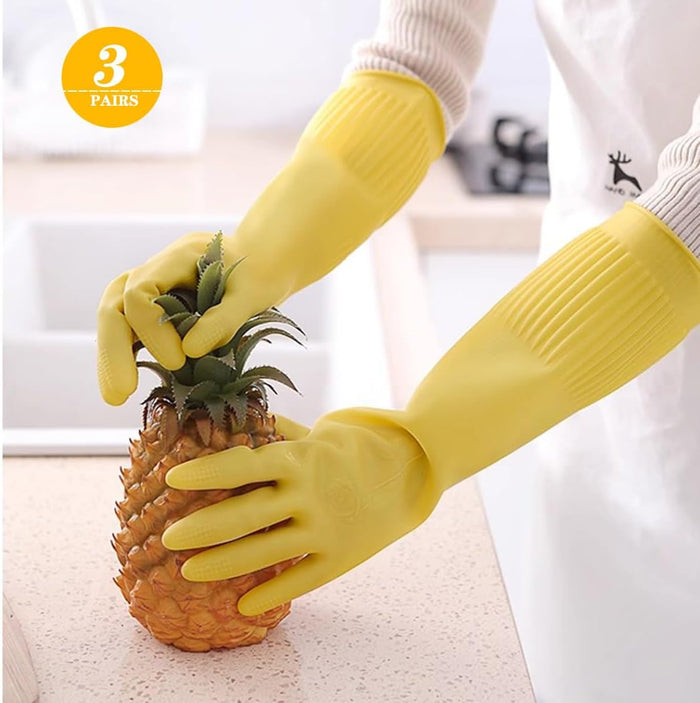6 - Pair 17.8 - Inch Elbow - Length Reusable Rubber Waterproof Household Cleaning and Kitchen Dishwashing Gloves - Small Size