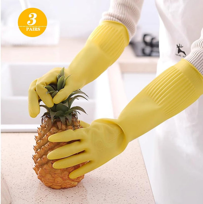 6 - Pair 17.8 - Inch Elbow - Length Reusable Rubber Waterproof Household Cleaning and Kitchen Dishwashing Gloves - Small Size