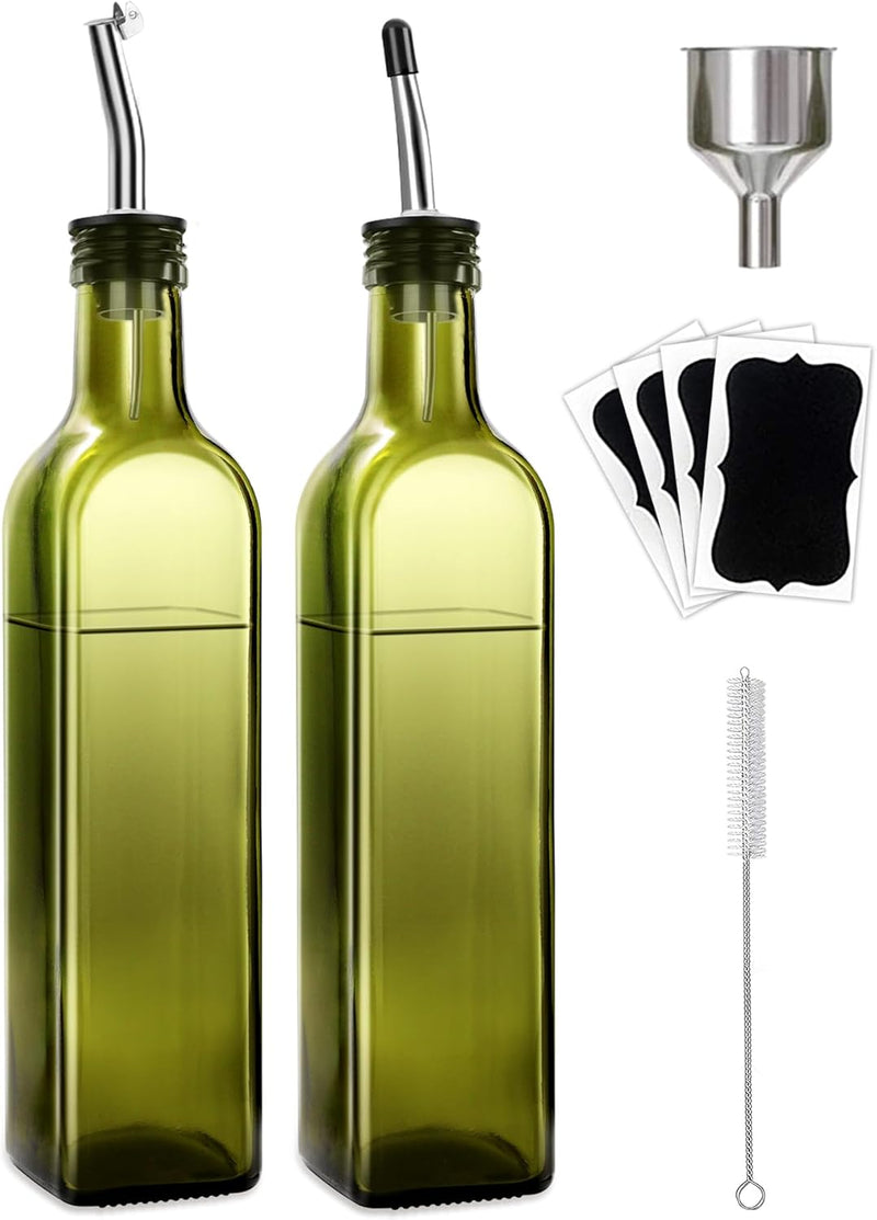 Olive Oil Dispenser Bottle, 2 Pcs Glass Olive Oil Dispenser and Vinegar Dispenser Set with 2 Stainless Steel Pourers, 4 Labels,1 Brush and 1 Funnel Oil Bottles for Kitchen (500ml)