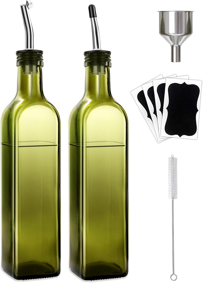 Olive Oil Dispenser Bottle, 2 Pcs Glass Olive Oil Dispenser and Vinegar Dispenser Set with 2 Stainless Steel Pourers, 4 Labels,1 Brush and 1 Funnel Oil Bottles for Kitchen (500ml)