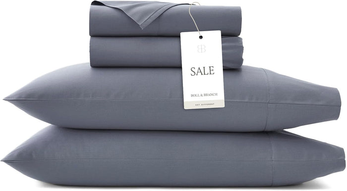 BOLL & BRANCH Percale Hemmed Sheet Set - Cooling Breathable Bed Sheets for Hot Sleepers - King + Standard, Pewter - Luxury 100% Organic Cotton - 1 Flat, 1 Fitted, 2 Standard Size Pillowcases