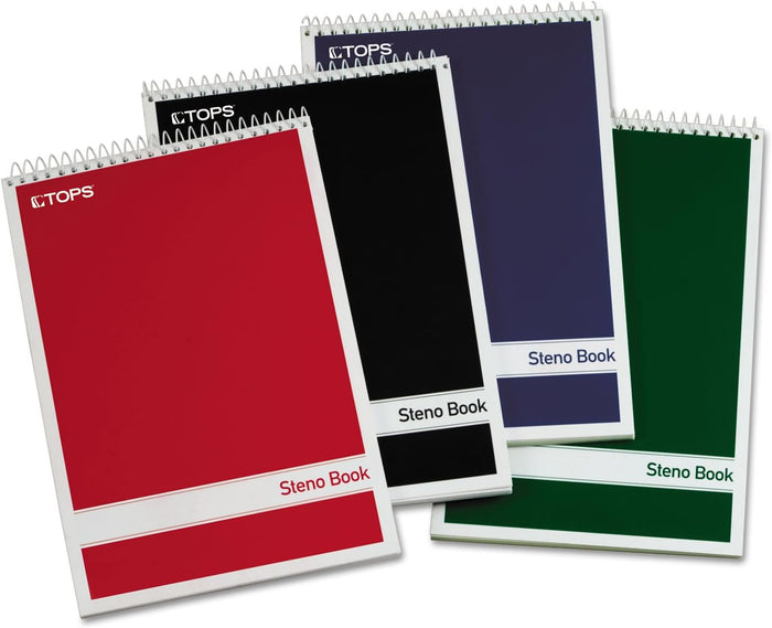 TOPS Spiral Steno Books, 6" x 9", Gregg Rule White Paper, Assorted Covers, 80 Sheets per Book/4 Books per Pack (80220)