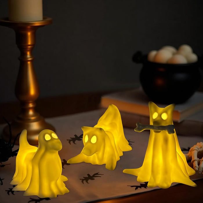 Light-Up Halloween Decorations, Set of 3 Draped Ghost Dog Figurines, Spooky Halloween Decorations Indoor, Ghost Decor for Home Party Display
