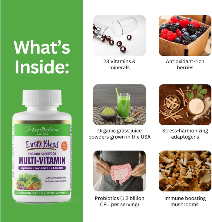 Paradise Herbs Earth's Blend Women's Once Daily Multivitamin with Iron, 48 Organic Superfoods, Probiotics, Antioxidants, Vitamins A, B12, C, D, K2, Daily Superfood, 30 Capsules