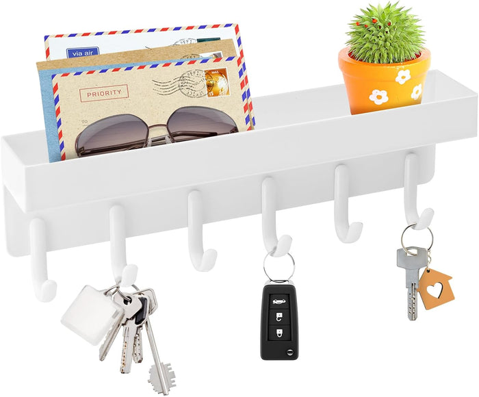 VIS'V Key Holder Wall Mount, Compact Adhesive Key Rack with Tray, 6 Hooks, 2 Mount Options, Black
