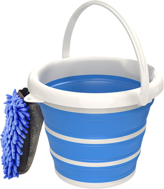 Collapsible Wash Bucket with Microfiber Mitt, 10L (2.6 Gallon) Portable Collapsiblle Buckett with Handle for Car Wash Household Cleaning, Multiuse Collapsibles Water Bucket and Car wash mitt - Grey