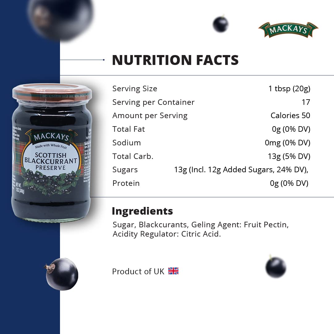 Mackays Scottish Blackcurrant Preserve Jam 340g (Pack of 2)| Imported from Scotland | Made with Whole Fruits | Vegan | Gluten-Free | No Artificial Colors or Preservatives