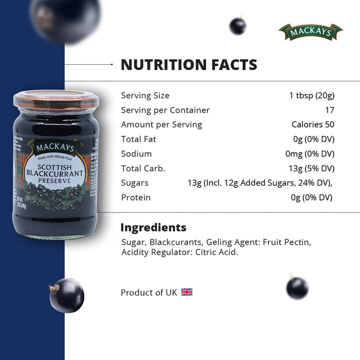 Mackays Scottish Blackcurrant Preserve Jam 340g (Pack of 2)| Imported from Scotland | Made with Whole Fruits | Vegan | Gluten-Free | No Artificial Colors or Preservatives