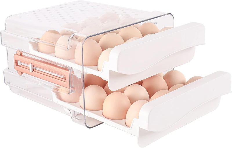 Sooyee 40 Capacity Egg Container for Refrigerator, Household Egg Holder for Fridge, Transparent 2 Drawers Chicken Egg Storage Container,White