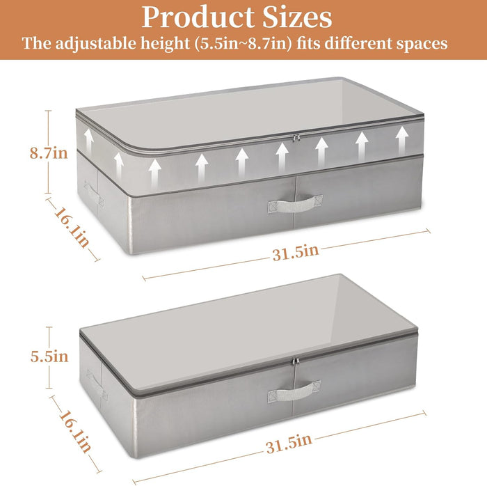 2 Pack 80L Under Bed Storage, Adjustable Height Large Storage Bins With Lids Handles Label Holder, Underbed Storage Containers for Blanket Clothes Shoes Bedroom Closet, Grey