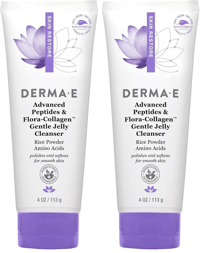 Derma E Advanced Peptides and Vegan Flora-Collagen Gentle Jelly Cleanser – Cleansing Face Wash Brightens, Hydrates and Reduces Appearance of Facial Lines and Wrinkles, 4 Oz