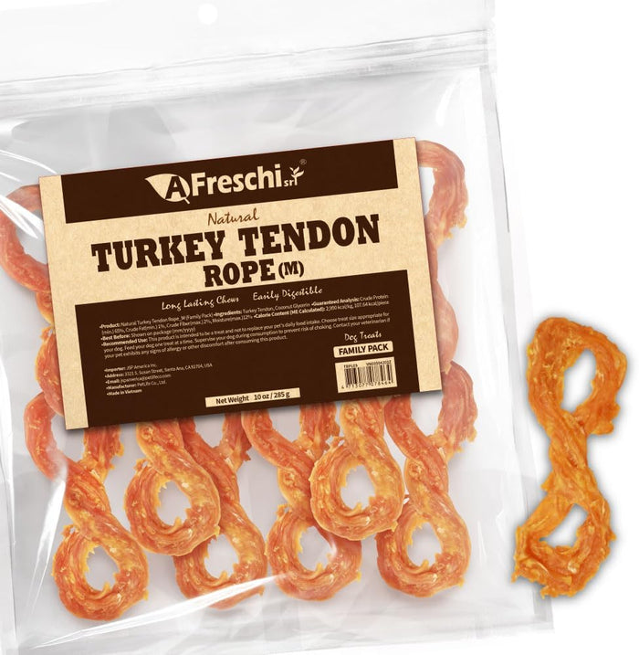 AFreschi Turkey Tendons for Dogs, USA-Sourced, Healthy Dog Treats, Rawhide-Free Puppy Chews, Long Lasting, All Natural, Hypoallergenic Dog Treats for Medium Breeds, 20 Count Box Ring (M)