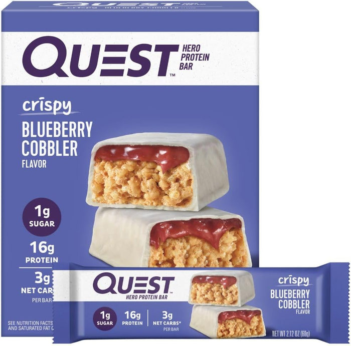 Quest Nutrition Crispy Blueberry Cobbler Hero Protein Bar, 16g Protein, 1g Sugar, 3g Net Carb, Gluten Free Protein Snack, Keto Friendly, 12 Count