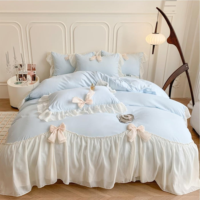 Ruffled Bedding Bow Duvet Cover Set with Butterfly Tie, Full Comforter Cover Set, Shabby Chic Bedding Set,Romantic French Princess Style -Yellow,Full