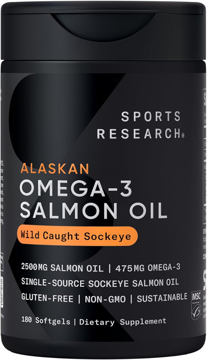 Sports Research Triple Strength Omega 3 Fish Oil - Burpless Fish Oil Supplement w/EPA & DHA Fatty Acids from Single-Source Wild Alaskan Pollock - 1250 mg, 90 ct