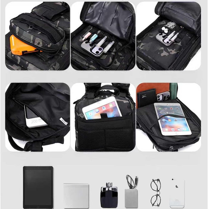 30L Comfortable Durable Military Tactical Backpack w/USA Flag Patch, MOLLE Hiking Camping Travel Bag,（black camouflage）