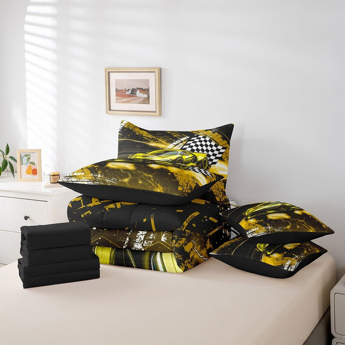 Feelyou Race Car Bed Set for Kids Boys Girls Twin Size Speed Honeycomb Prints 7 Pieces Beeding Set Ultra Soft Extreme Sports Bed in a Bag with Comforter, Sheets, Pillowcases Sports Car Cool Car
