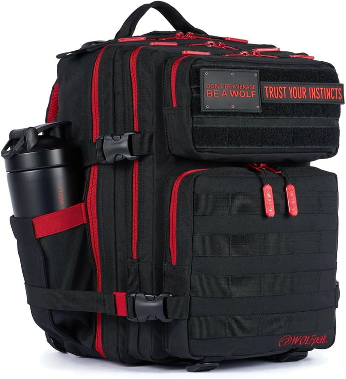 WOLFpak 25L Athletic Gym Backpack - Durable 1000D Waterproof Oxford Material with MOLLE Webbing, Laptop Pocket & Dual Cup Holders, Durable Fitness/Travel/Military Daypack (Red Bandana)