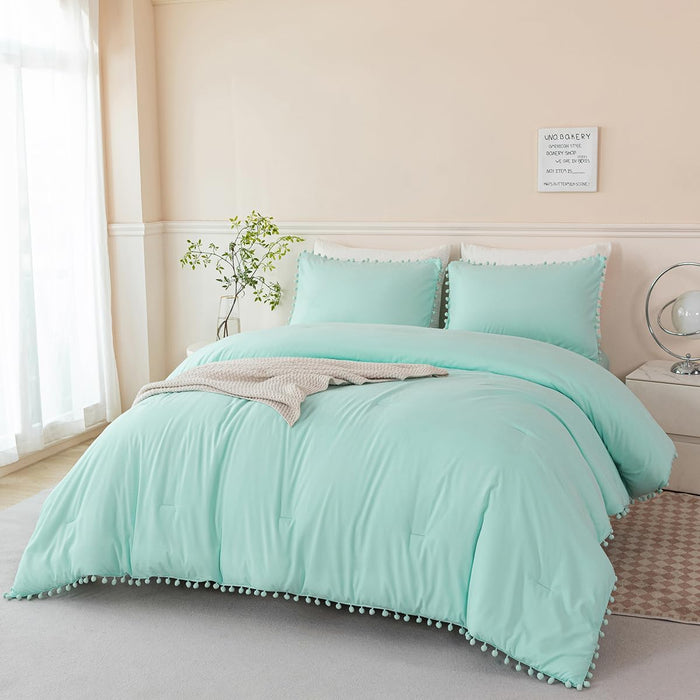 PERFEMET 5 Pcs Pink Pom Pom Comforter Twin Size Aesthetic Boho Pom Fringe Bedding Set with Sheet Ultra Soft Lightweight Farmhouse Bedding Quilt Set for Girls Kids(Pink, Twin)