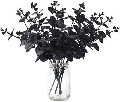 Halloween Artificial Flower, Black Eucalyptus Stems Leaves Branches Fake Flower Arrangement Farmhouse Decor (Black)