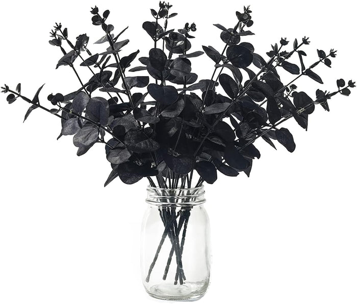 Halloween Artificial Flower, Black Eucalyptus Stems Leaves Branches Fake Flower Arrangement Farmhouse Decor (Black)