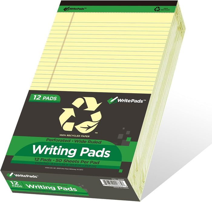 KAISA Yellow Legal Pads 12pads Writing Pads Recycled Paper 8.5"x11.75" Wide Ruled 50 sheets Hard Back Notepads 8-1/2"x 11-3/4" Writing Tablet Canary For Office Supplies (Pack of 12) KSU-5668