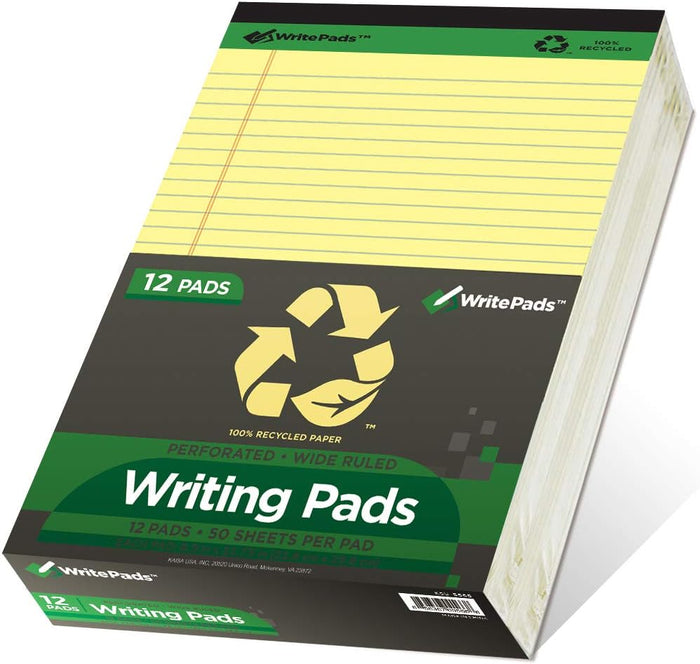 KAISA Yellow Legal Pads 12pads Writing Pads Recycled Paper 8.5"x11.75" Wide Ruled 50 sheets Hard Back Notepads 8-1/2"x 11-3/4" Writing Tablet Canary For Office Supplies (Pack of 12) KSU-5668