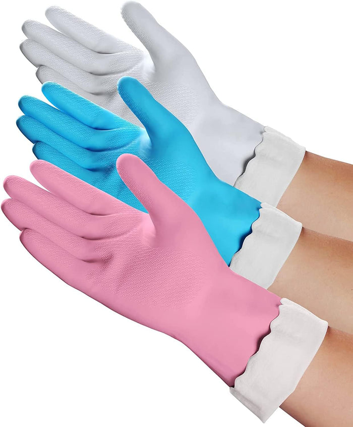 HSL Household Cleaning Gloves - Reusable Kitchen Dishwashing Gloves with Latex Free, Cotton lining, Waterproof, Non-Slip (Large, 3 Pairs)