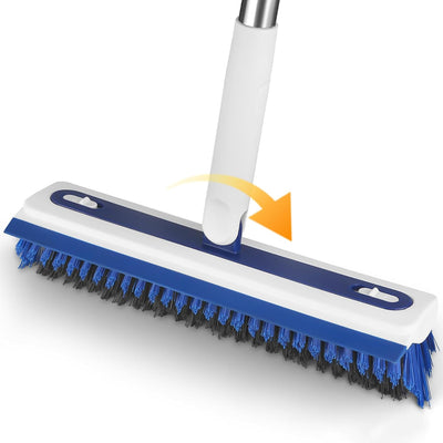 4-in-1 Floor Scrub Brush with Long Handle V-Shaped Crevice Brush Floor Scrubber Mop with Squeegee and Tweezer for Cleaning Gap Tile Bathroom Kitchen Patio Deck Garage