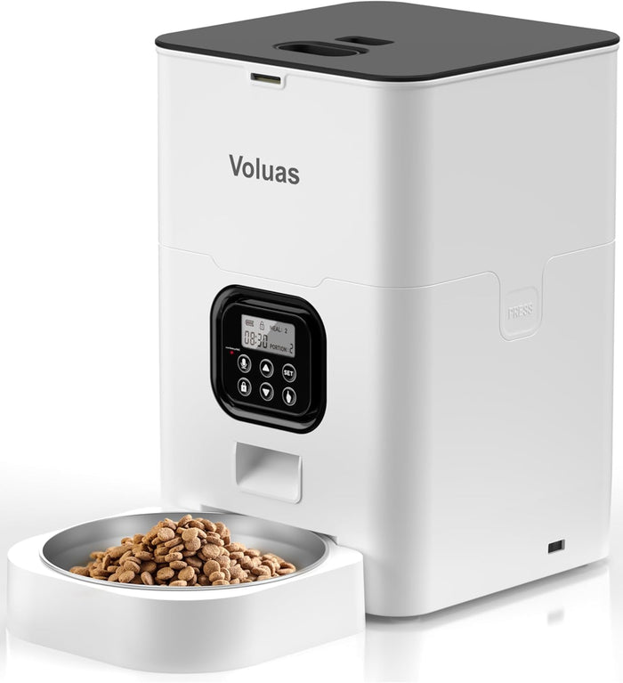 VOLUAS Automatic Cat Feeder – 4L Timed Cat Dry Food Dispenser with Voice Recorder, Dual Power Supply, Programmable Portion Control, Desiccant Bag, Auto Pet Feeder for Cats and Dogs