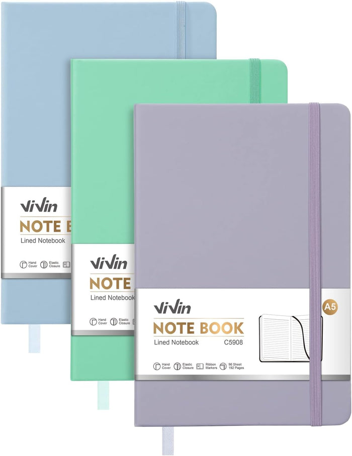 ViVin Lined Journal Notebooks, 3 Pack, (Black, Navy, Brown), 192 Pages, Medium 5.5 x 8.3 inch, College Ruled, A5 Hardcover Notebooks, Journaling Notebooks for Work, Writing, School