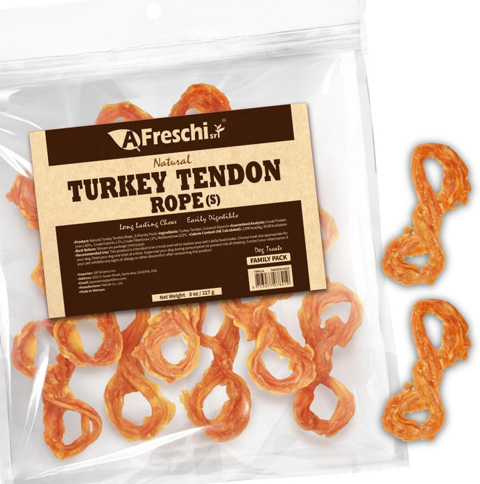AFreschi Turkey Tendons for Dogs, USA-Sourced, Healthy Dog Treats, Rawhide-Free Puppy Chews, Long Lasting, All Natural, Hypoallergenic Dog Treats for Small Breeds, 8 oz Pack Variety (S)