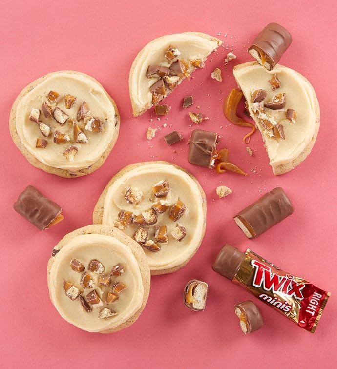 Cheryl's Cookies Caramel Buttercream-Frosted Shortbread Cookies with TWIX® Cookie Bar Pieces, Kosher, Signature Gift Box, Individually Wrapped, Gourmet, Handmade, Any Occasion, Family, Friends, Loved Ones, 12 count