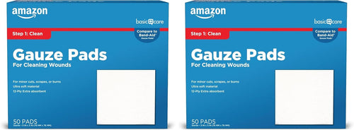 Amazon Basic Care Gauze Pads, 4x4 inches Sterile Medical Wound Dressing Sponges for Cleaning, Covering, & Cushioning Cuts & Minor Injuries, 50 Count (Pack of 1), (Previously All Health)