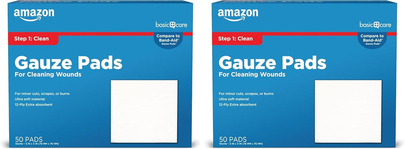 Amazon Basic Care Gauze Pads, 4x4 inches Sterile Medical Wound Dressing Sponges for Cleaning, Covering, & Cushioning Cuts & Minor Injuries, 50 Count (Pack of 1), (Previously All Health)
