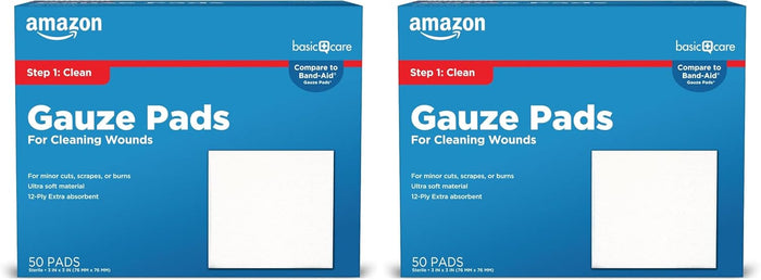 Amazon Basic Care Gauze Pads, 4x4 inches Sterile Medical Wound Dressing Sponges for Cleaning, Covering, & Cushioning Cuts & Minor Injuries, 50 Count (Pack of 1), (Previously All Health)