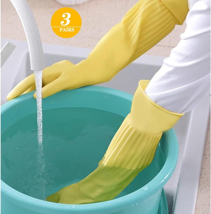 6 - Pair 17.8 - Inch Elbow - Length Reusable Rubber Waterproof Household Cleaning and Kitchen Dishwashing Gloves - Small Size