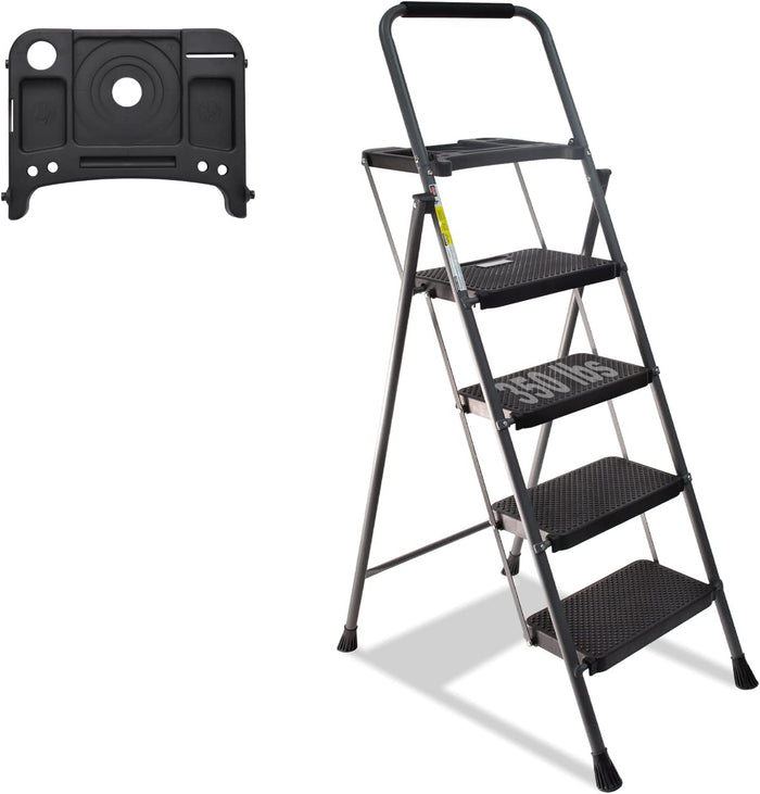 3 Step Ladder, GOLYTON Folding Step Stool with Anti-Slip Wide Pedal & Convenient Handgrip, 500lbs Capacity Steel Ladder for Household and Office, Grey