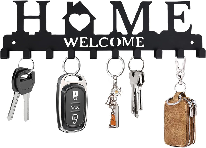Key Holder Wall Mount, Adhesive Metal Key Hanger with 6 Double Hooks, 2 Installation Methods, Black