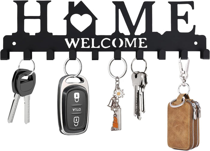 Key Holder Wall Mount, Adhesive Metal Key Hanger with 6 Double Hooks, 2 Installation Methods, Black