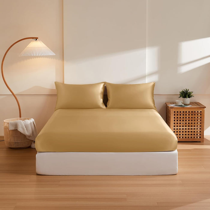 THXSILK 6A+ Top Grade 100% Pure Mulberry Silk Full Fitted Sheet 3Pcs Set Bed Sheets Luxury Bedding for Hair and Skin Healthy Natural Materials, 1 Fitted Sheet with 2 Pillowcases, Champagne