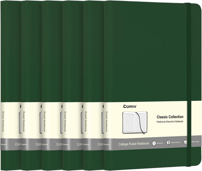 Comix 6 Pack Lined Journal Notebooks for Work, 240 Pages, 5.5"x8.3", Black, Hardcover, A5 Medium College Ruled, Journaling Notebooks for Notes-taking, Fits for Office School Home
